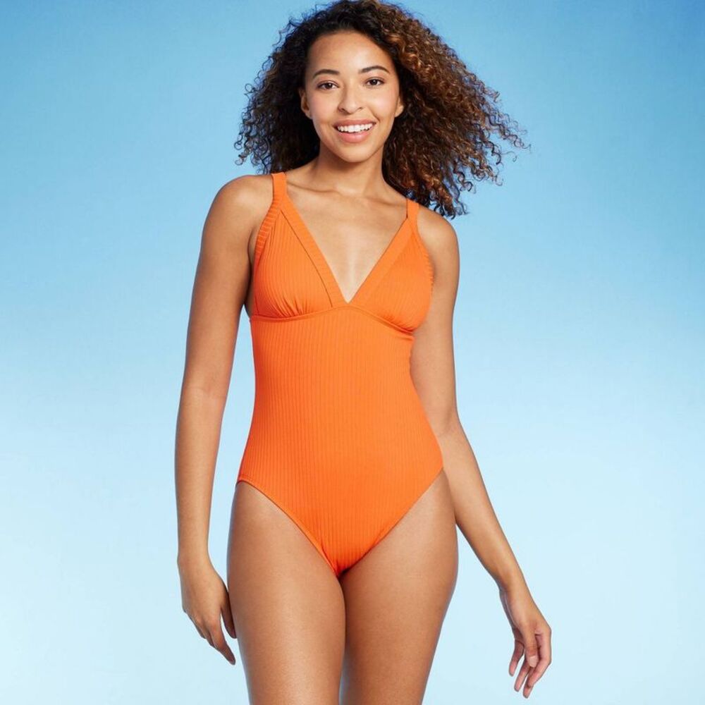 Shade & Shore Orange Ribbed V-Neck One-Piece Swimsuit